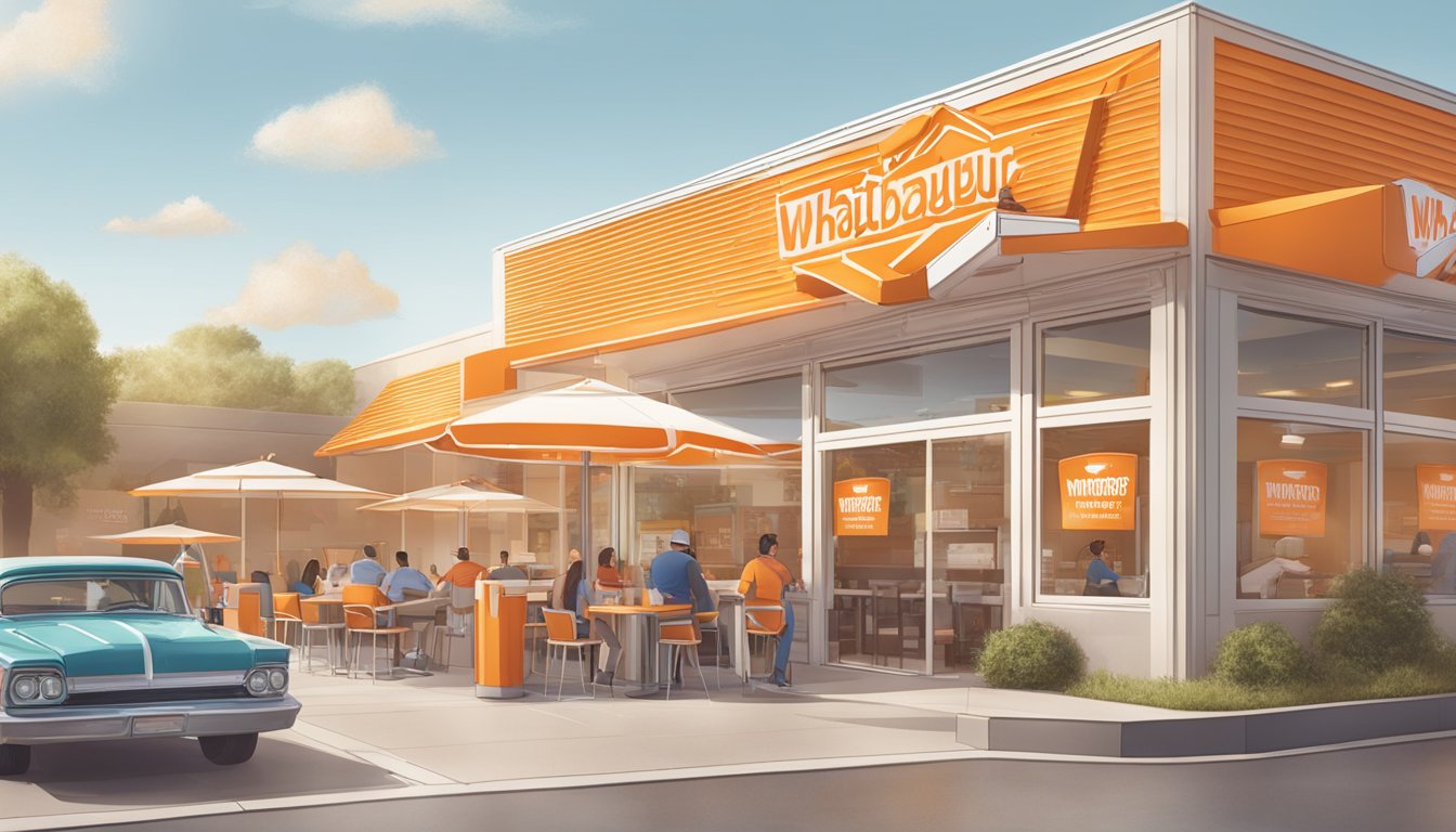 A Whataburger restaurant with a customer receiving a free burger through the Whataburger Rewards Program