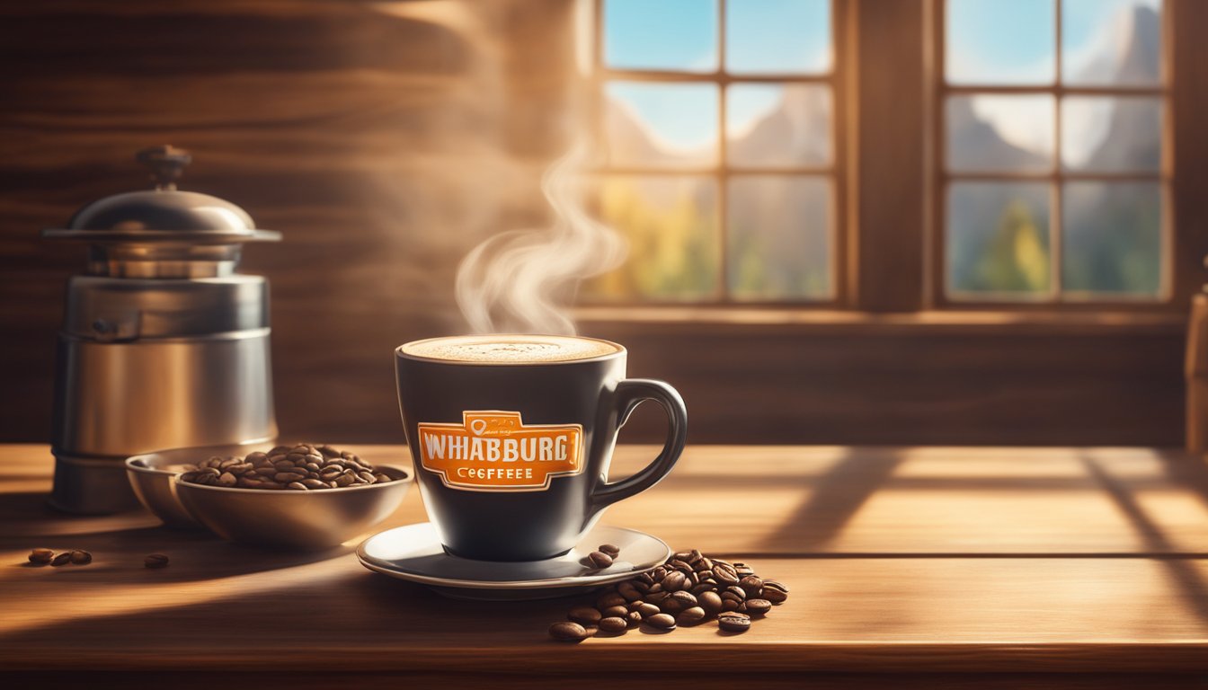 A steaming cup of Whataburger coffee sits on a rustic wooden table, surrounded by coffee beans and a vintage coffee grinder. Sunlight filters through the window, casting warm shadows on the scene