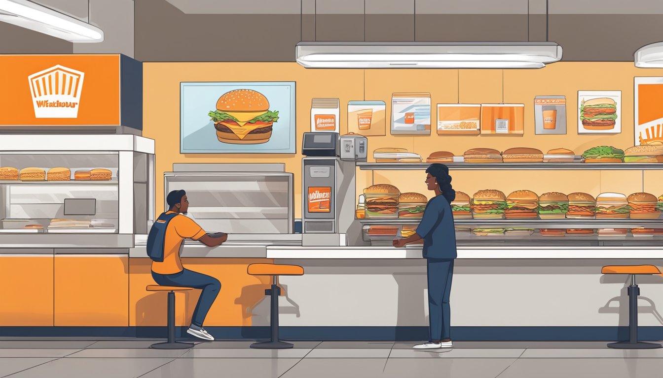 A person receiving a free burger from a Whataburger employee at the counter