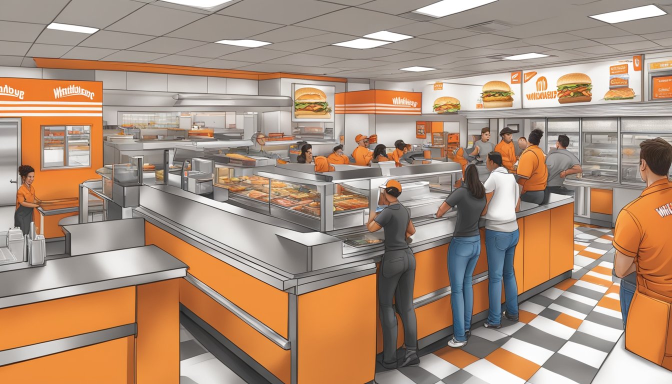 The bustling interior of a Whataburger franchise with employees taking orders, cooking food, and serving customers at the counter and drive-thru