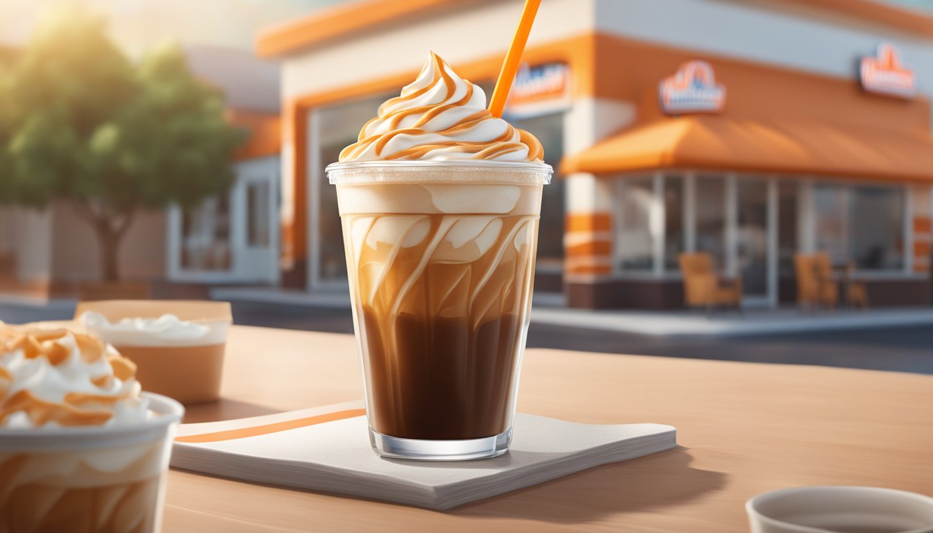 A refreshing iced coffee sits on a table next to a Whataburger logo, with a swirl of cream on top and condensation on the glass