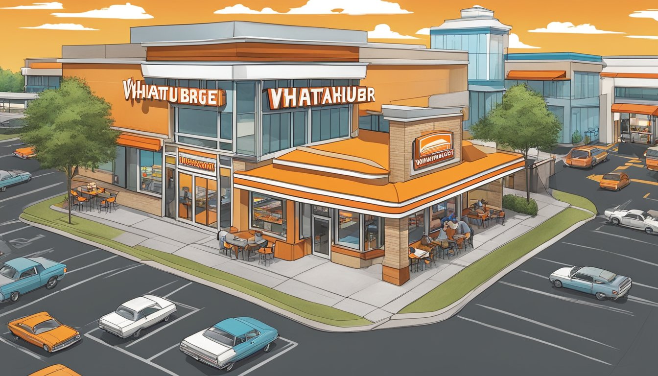 A bustling Whataburger franchise with a colorful logo, drive-thru, and outdoor seating, surrounded by a busy shopping district