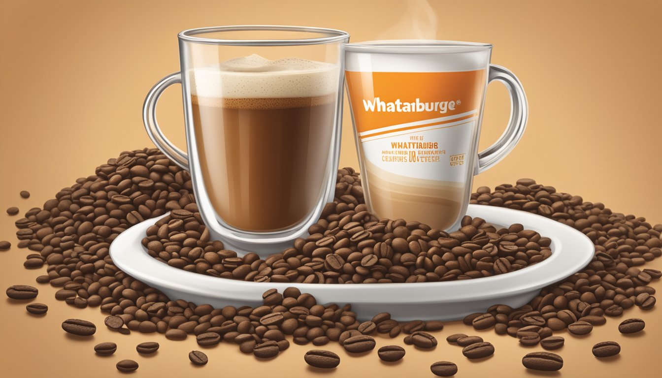 A steaming cup of Whataburger coffee surrounded by coffee beans and a small card displaying nutritional information