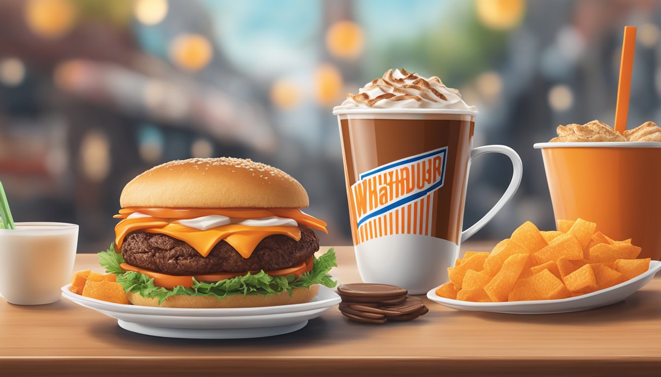 A steaming cup of WhatABurger coffee sits next to seasonal offerings and new items on a table