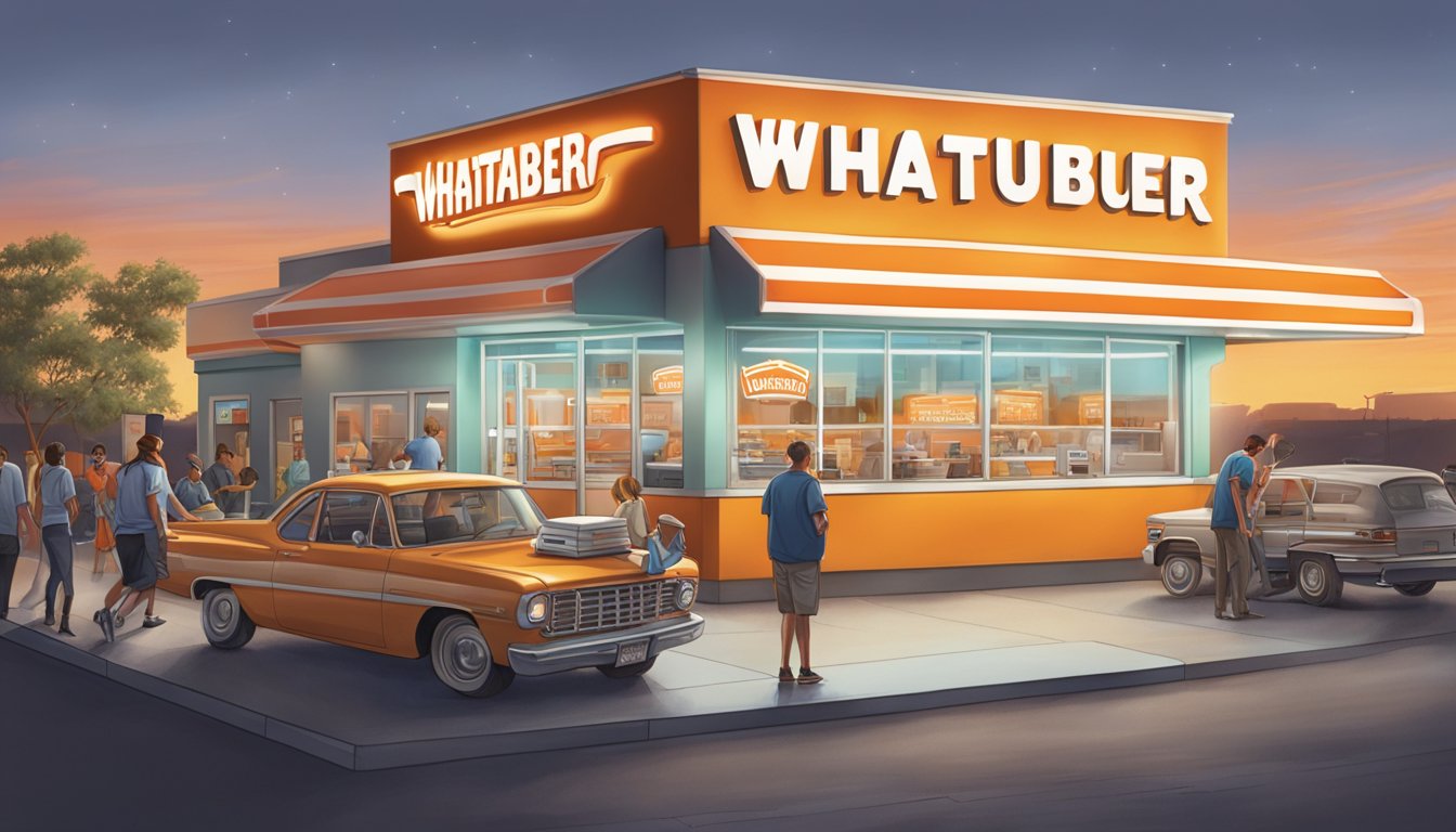 A bustling Whataburger franchise with a line of customers, glowing sign, and busy staff