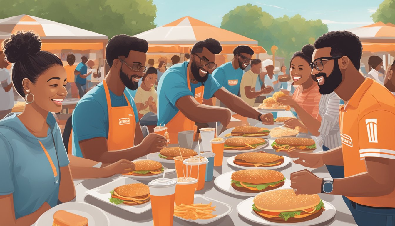 Whataburger's Social Impact Initiatives: a diverse group enjoying free burgers at a community event