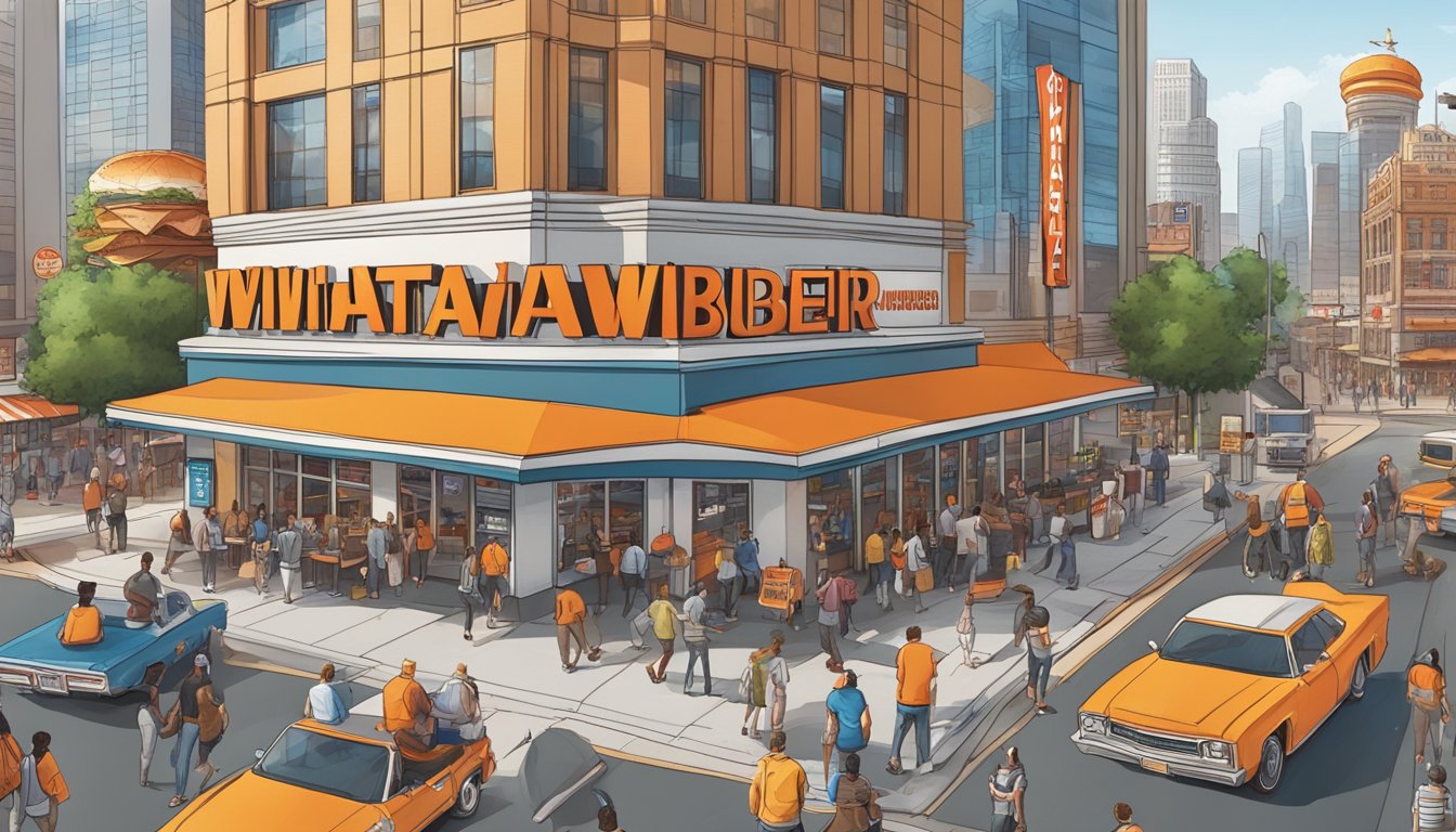 A bustling city skyline with a prominent WhatABurger franchise, surrounded by busy streets and a diverse mix of customers entering and exiting the restaurant