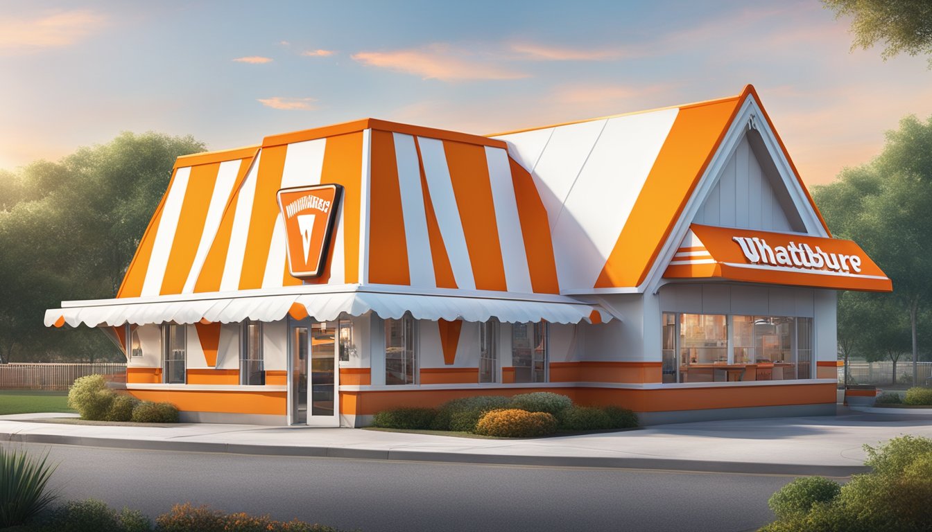 A Whataburger restaurant with iconic orange and white striped building, a classic A-frame roof, and a large sign displaying the Whataburger logo