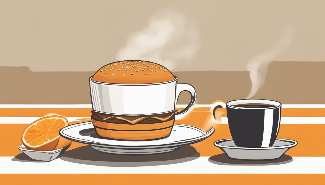 A steaming cup of Whataburger coffee sits next to a delicious meal, with the iconic orange and white striped cup and the recognizable Whataburger logo