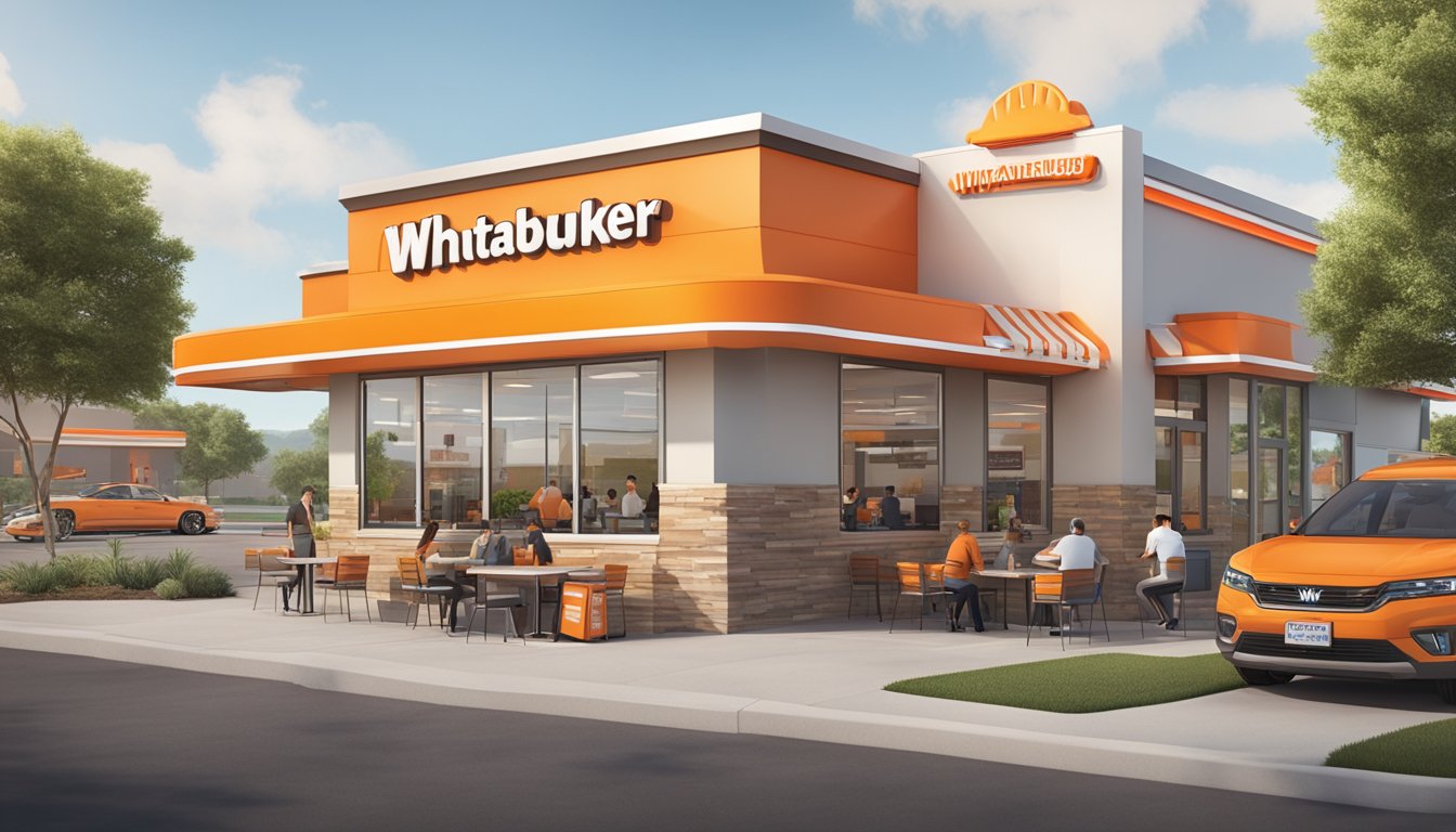 A bustling WhatABurger franchise with a modern exterior, drive-thru, and outdoor seating. Staff members are seen serving customers with a smile