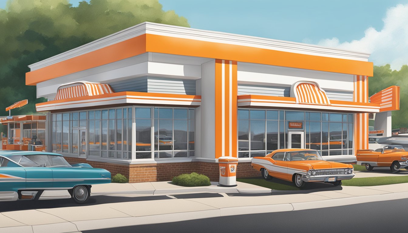 A bustling Whataburger restaurant in Greensboro, NC, with a drive-thru line of cars, outdoor seating, and the iconic orange and white striped building