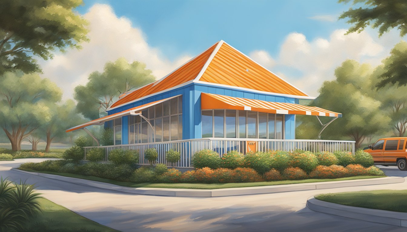 The iconic orange and white striped Whataburger A-frame building stands proudly against a backdrop of blue skies and lush greenery, symbolizing the expansion and growth of the beloved fast-food chain