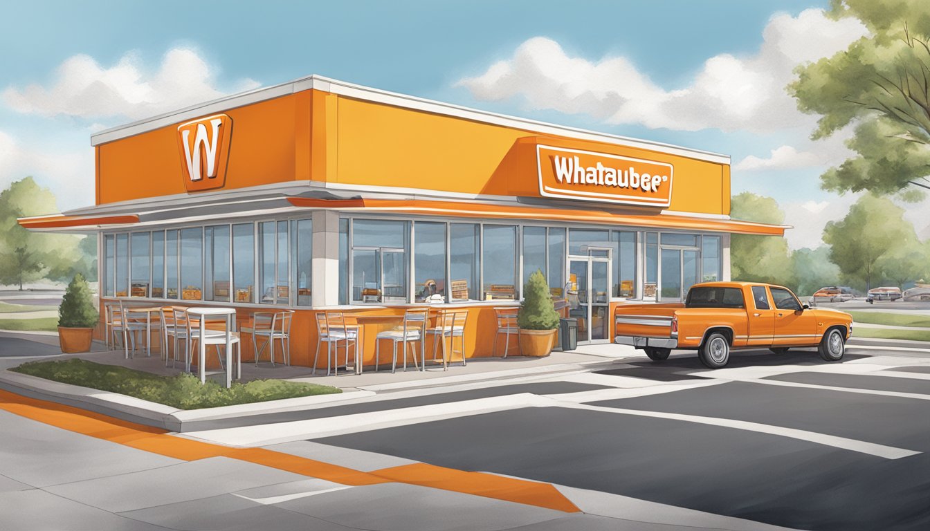 The Whataburger in Greensboro, NC is a bustling fast-food restaurant with a vibrant orange and white color scheme, a drive-thru, and outdoor seating