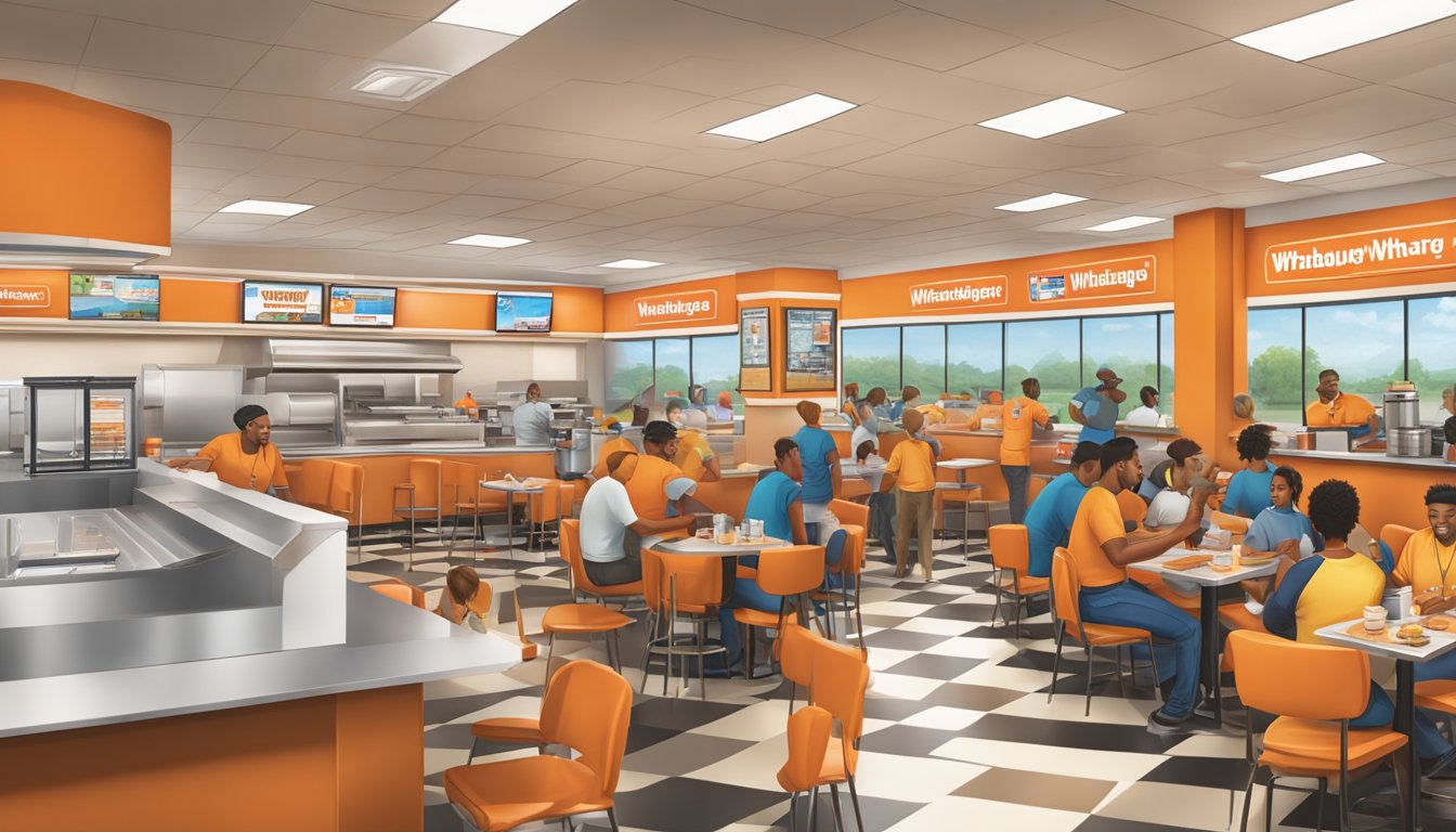 A bustling Whataburger restaurant in Murfreesboro, with patrons enjoying their meals at tables and booths, while staff members work behind the counter and in the kitchen