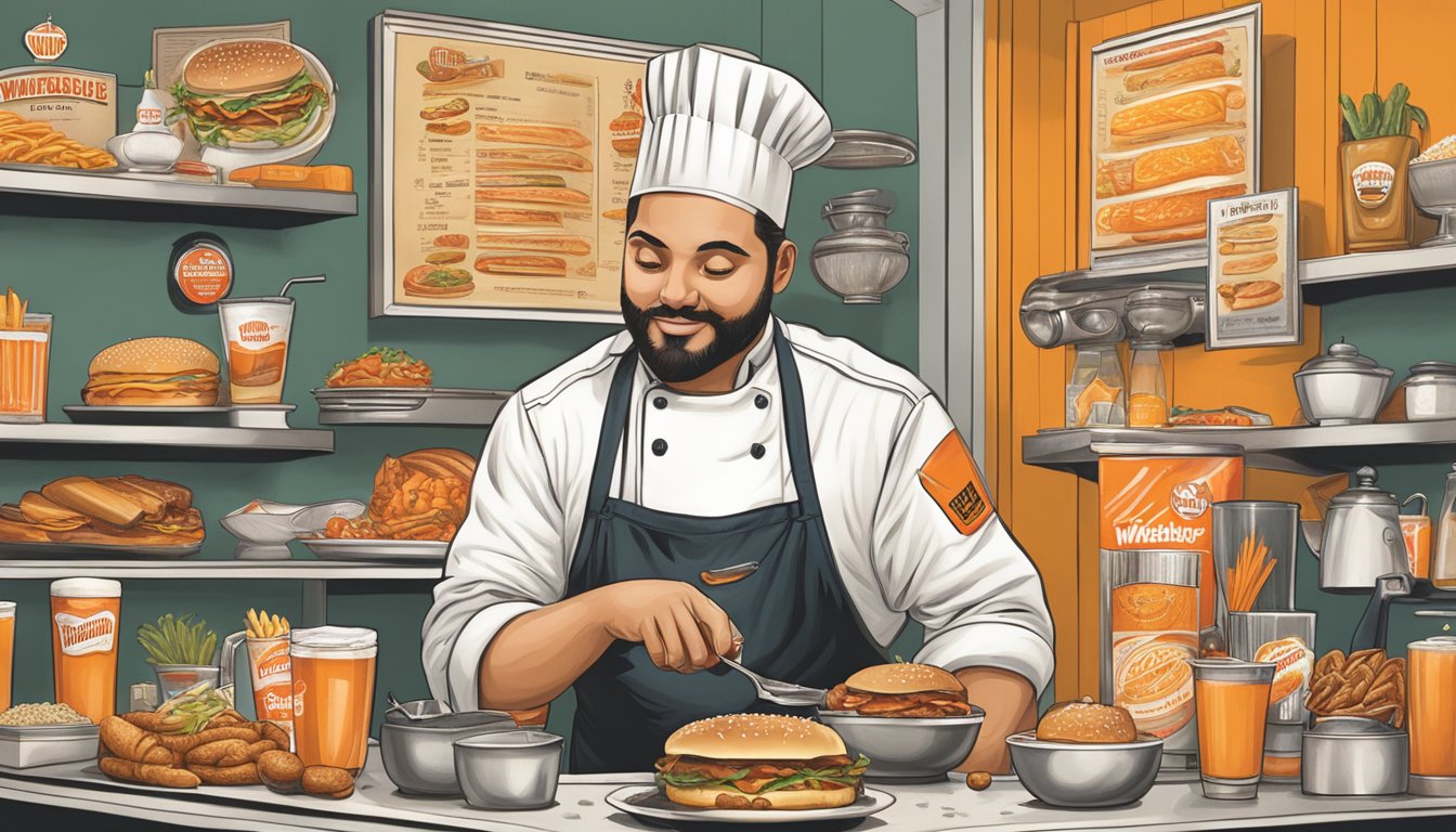 A chef creating a menu surrounded by vintage Whataburger memorabilia