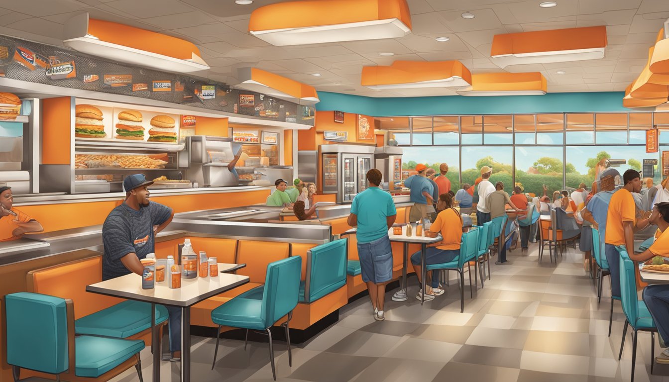 A bustling Whataburger restaurant in Greensboro, NC, with colorful decor, sizzling grills, and a line of hungry customers awaiting their delicious dining experience