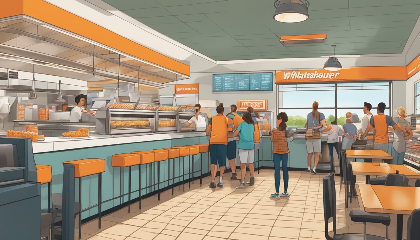 A bustling Whataburger restaurant in Murfreesboro, with customers ordering at the counter and staff preparing delicious food behind the scenes