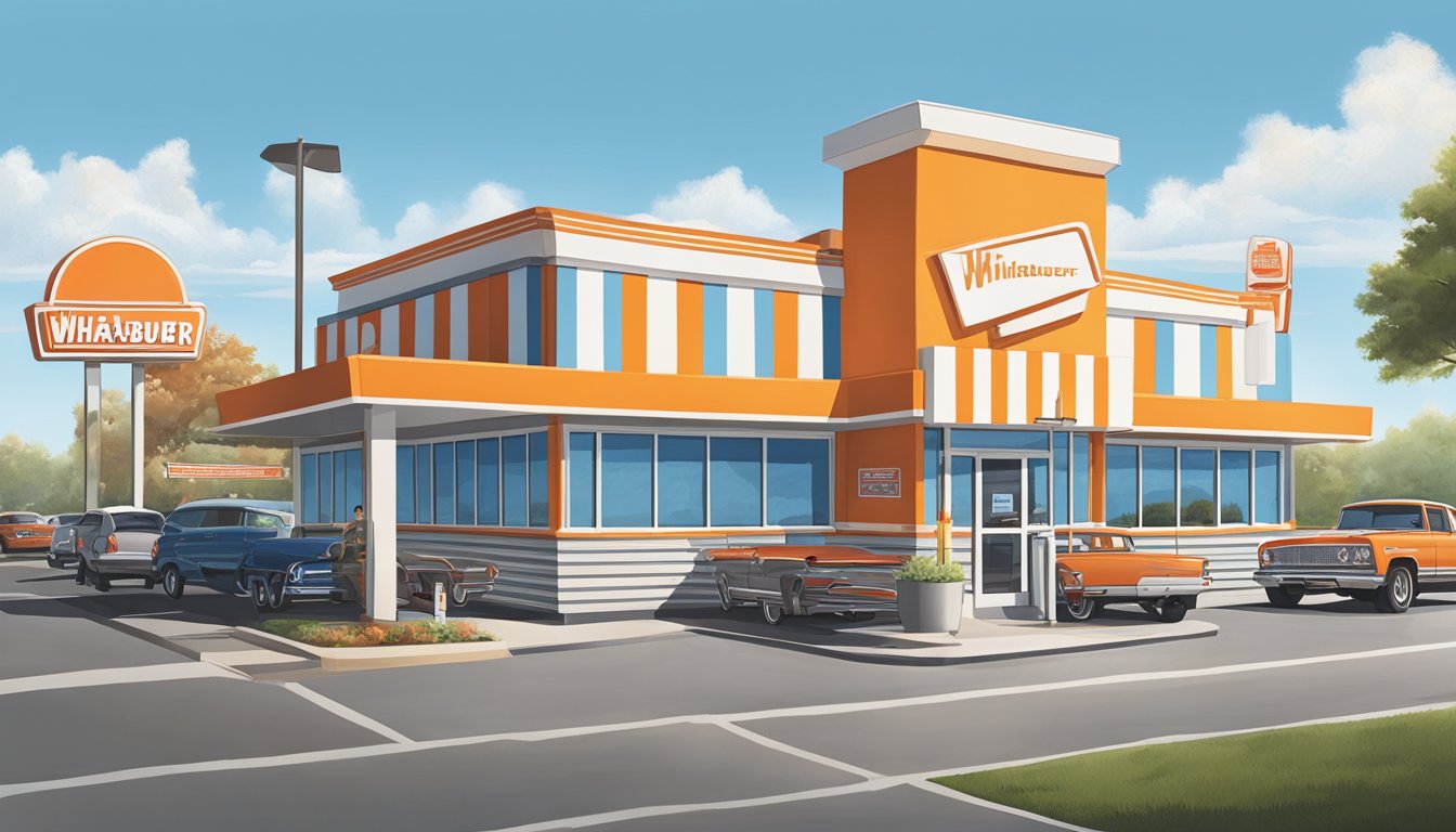 A bustling Whataburger outlet in Murfreesboro, with cars lined up at the drive-thru and customers dining inside. The iconic orange and white striped building stands out against the blue sky