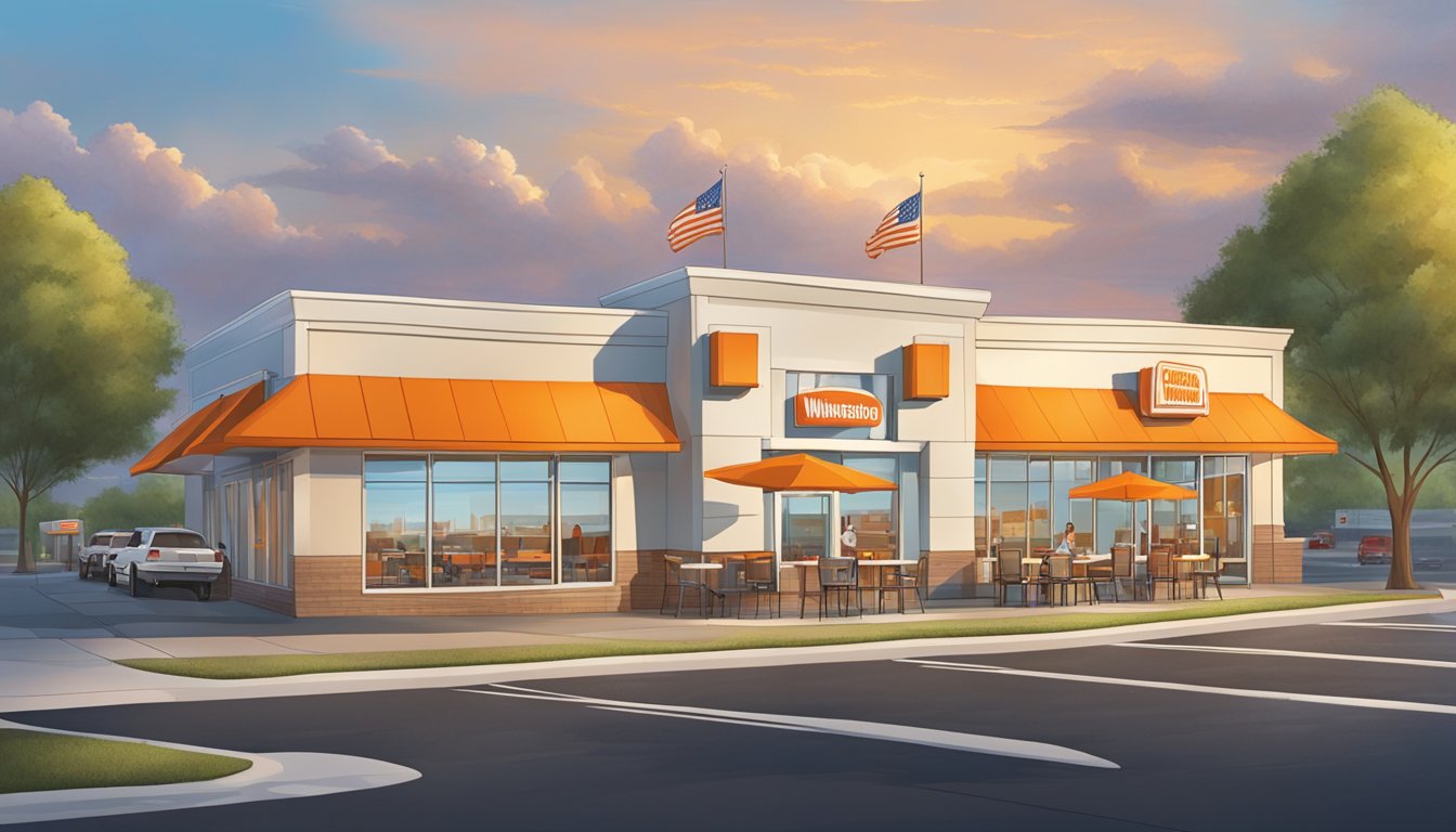 A bustling Whataburger restaurant in Greensboro, NC, with a drive-thru line and outdoor seating, surrounded by a growing cityscape