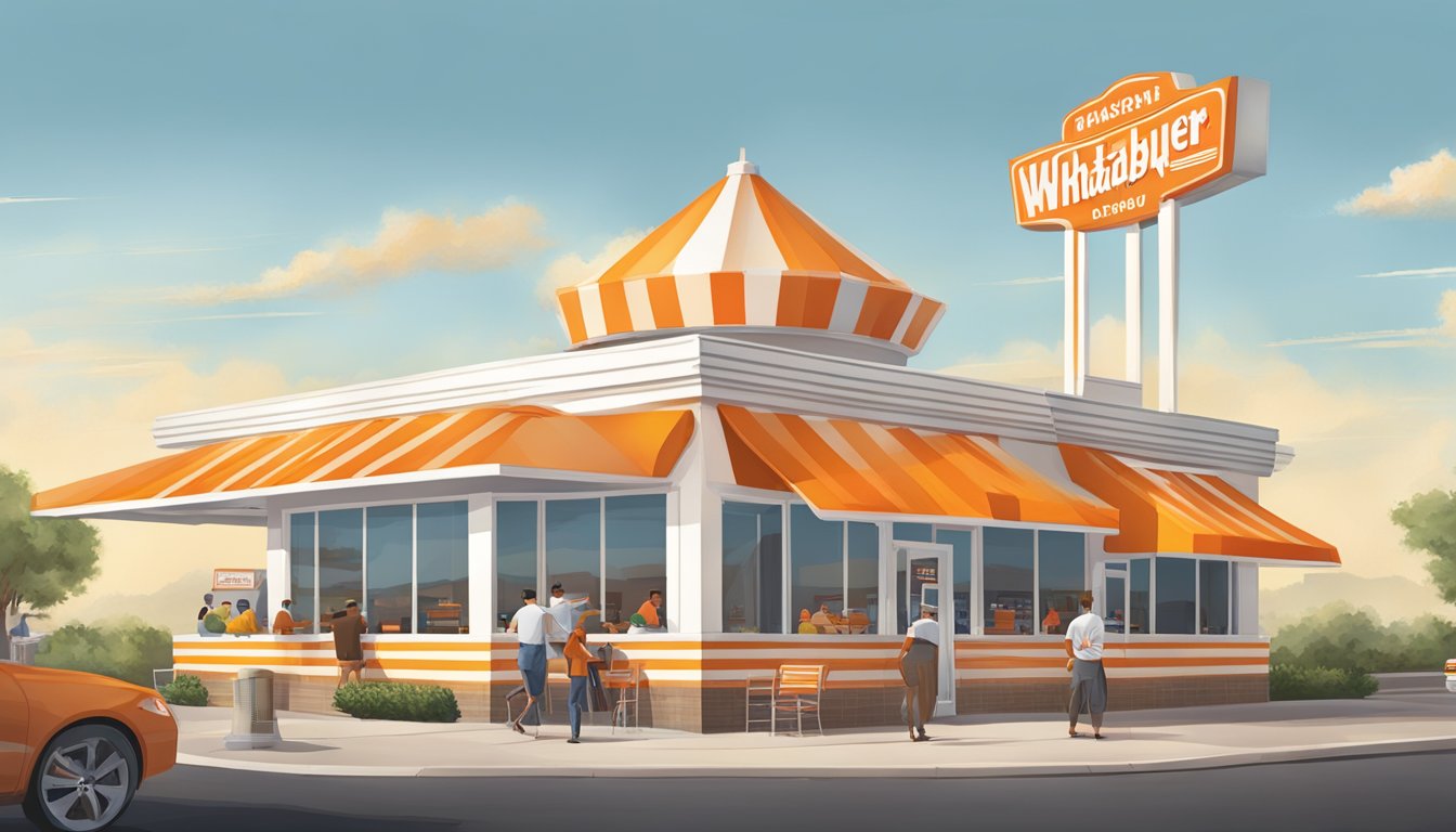 A bustling Whataburger restaurant with iconic orange and white striped roof, serving diverse customers with a mix of Texan and international influences