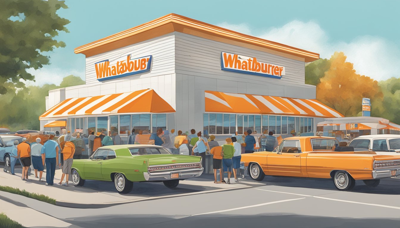 A bustling Whataburger restaurant in Greensboro, NC, with a line of customers waiting to order and a drive-thru busy with cars