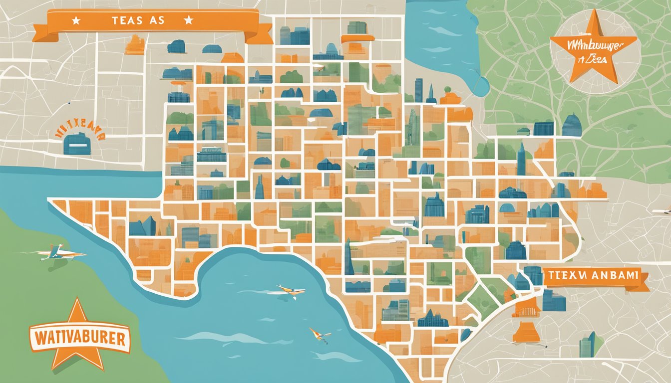 A map of Texas with multiple Whataburger locations marked in different cities