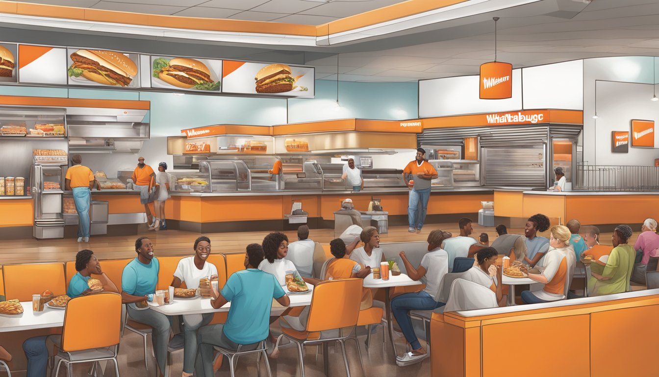 A bustling Whataburger in Greensboro, NC with customers enjoying their meals, employees serving food, and a vibrant atmosphere of community engagement