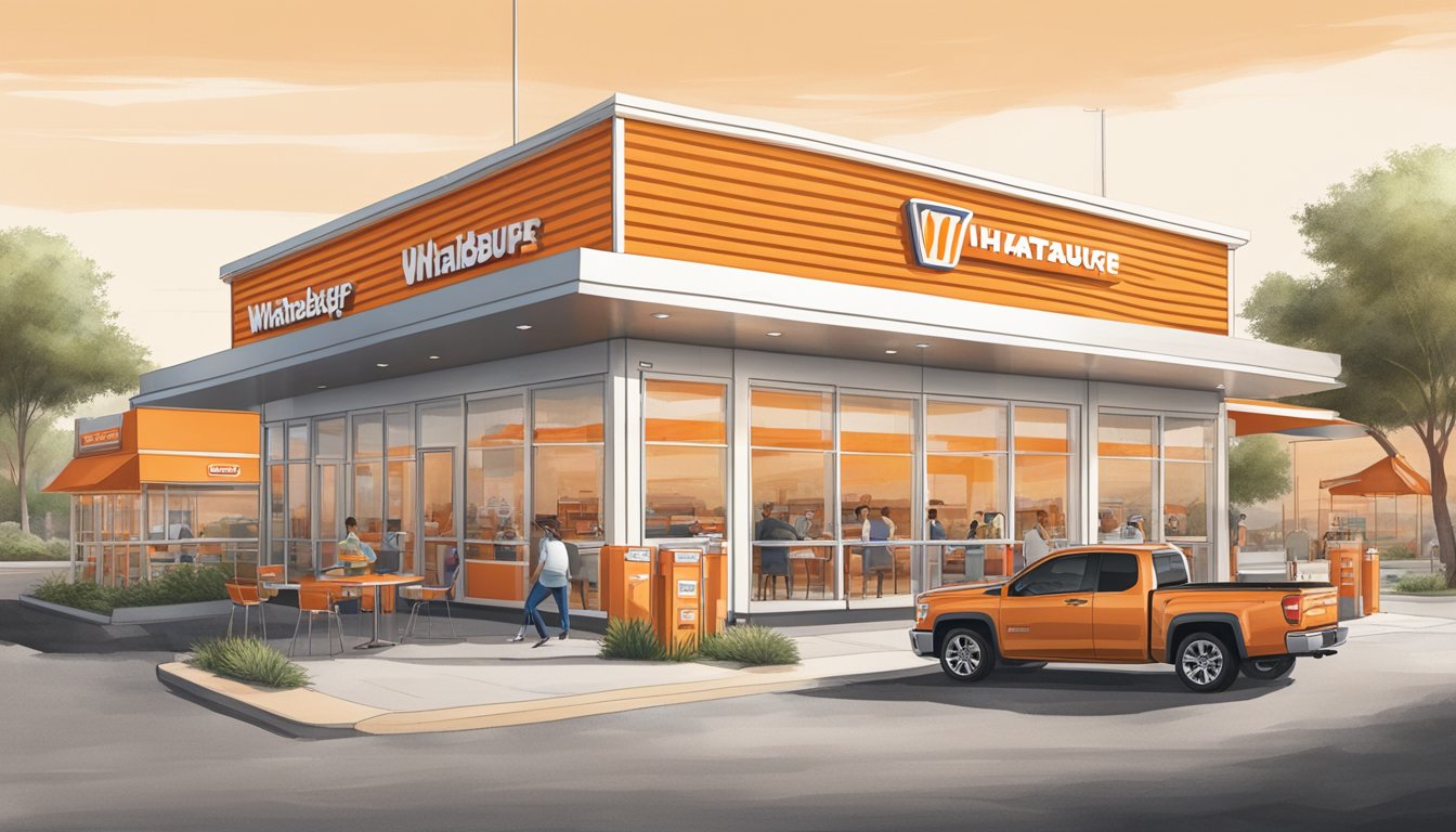 A bustling Whataburger location on Loop 363 with a drive-thru, outdoor seating, and iconic orange and white striped building