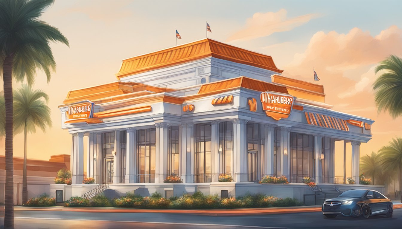 A grand temple-like building with a towering Whataburger sign and luxurious amenities surrounding it