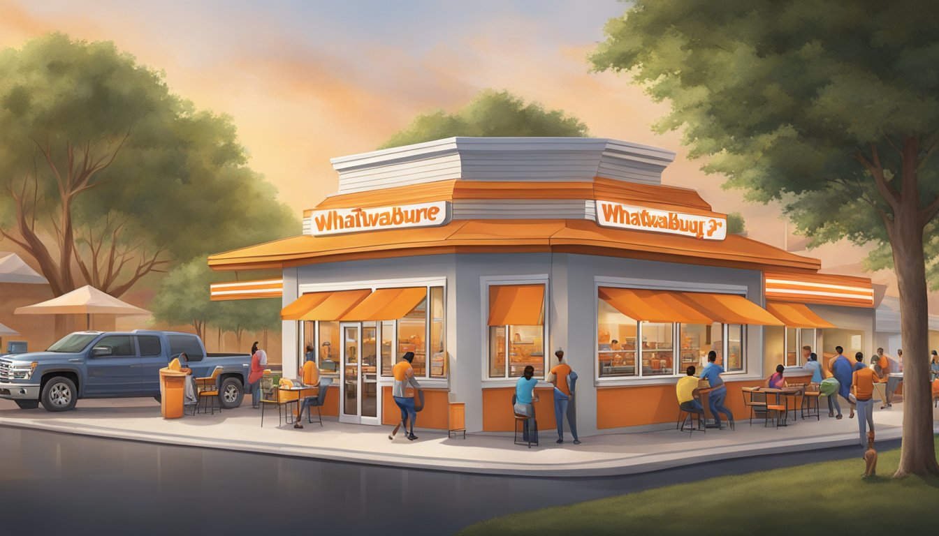 A bustling Whataburger temple surrounded by a diverse community, with customers enjoying their meals and engaging in lively conversations