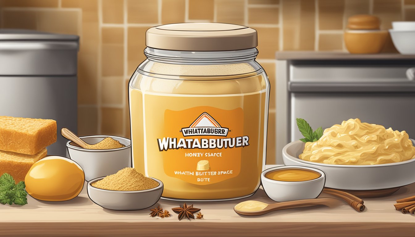 A jar of Whataburger honey butter sauce surrounded by ingredients like butter, honey, and spices on a kitchen counter