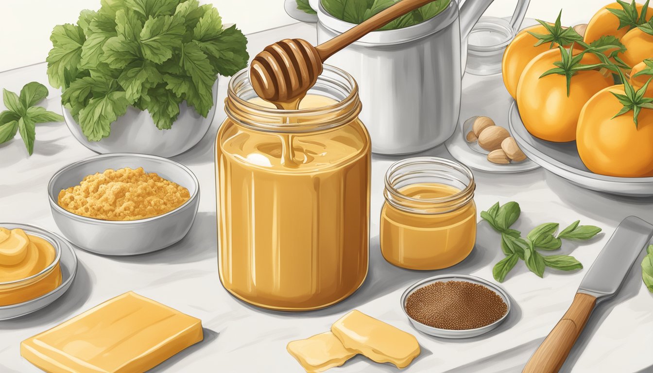 A jar of Whataburger honey butter sauce surrounded by fresh ingredients like butter, honey, and spices on a clean kitchen counter