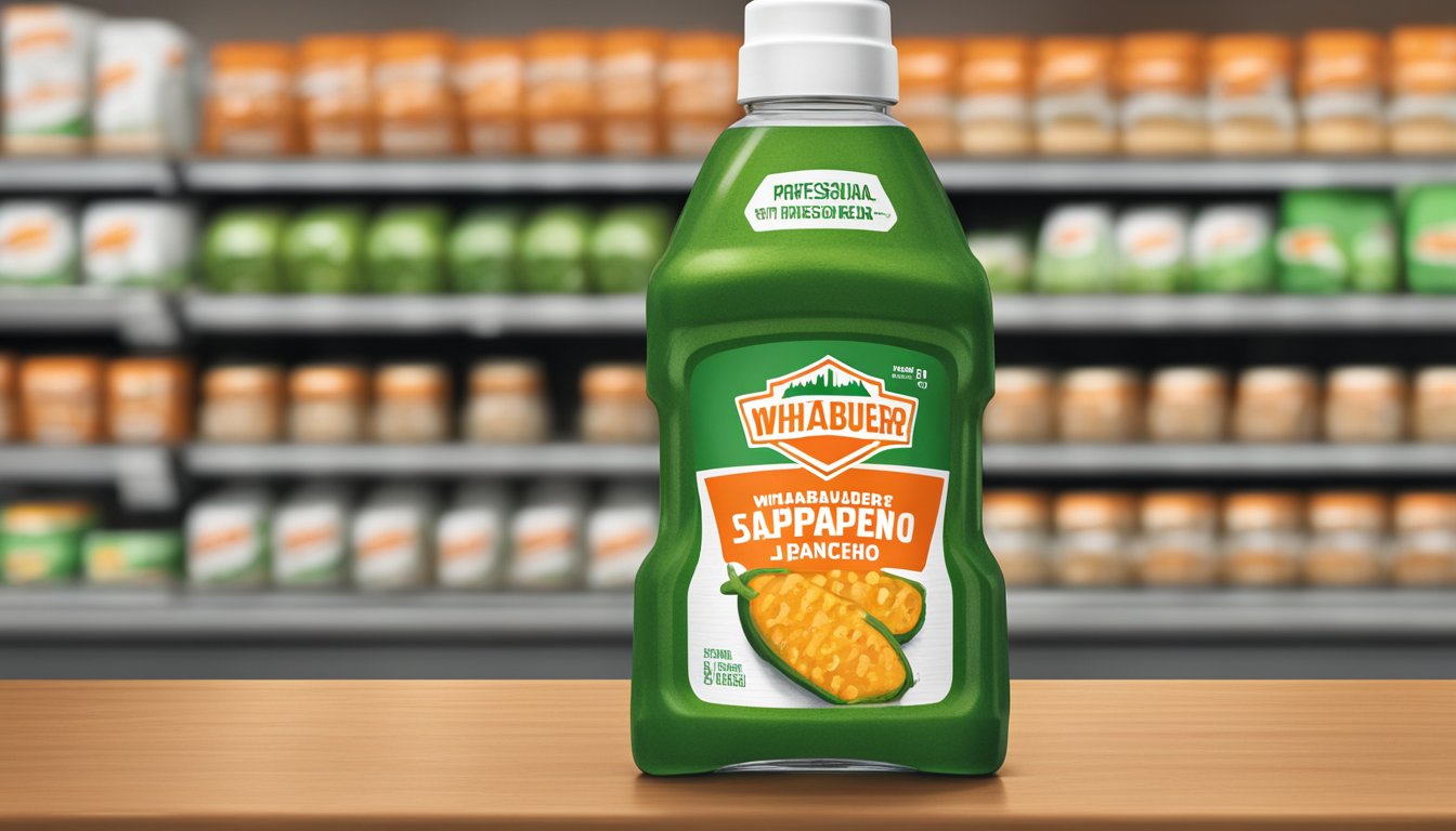 A Whataburger jalapeno ranch bottle being placed on a retail store shelf