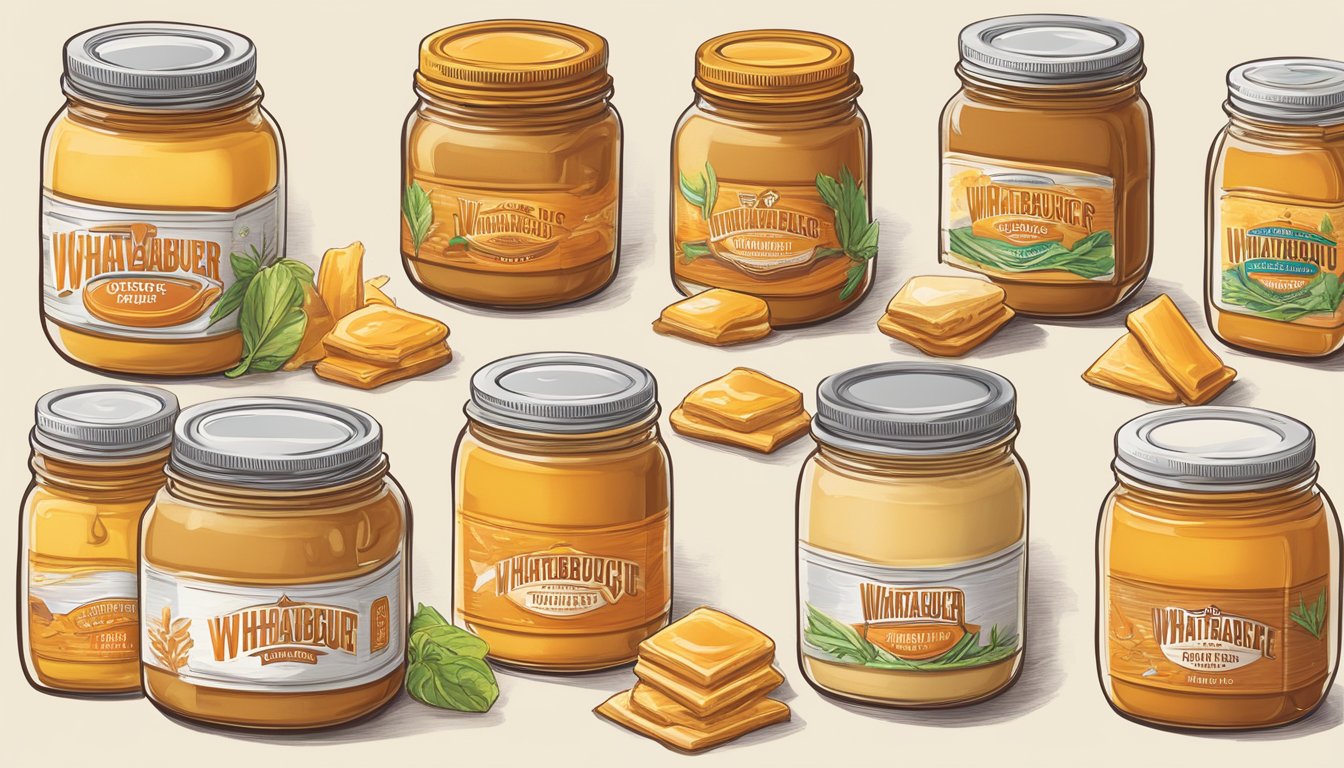 A jar of Whataburger honey butter sauce surrounded by a variety of alternative flavor variations, such as spicy, tangy, and sweet options