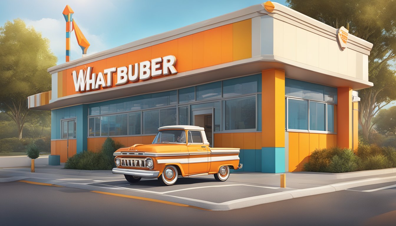 The Whataburger mascot stands proudly in front of a colorful, retro-inspired sign, with a juicy burger and fries in hand