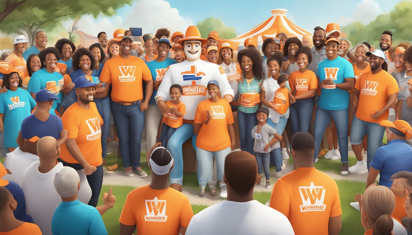 The Whataburger mascot stands surrounded by a diverse group of people, all smiling and engaged in community activities. A charity event is taking place, with the mascot at the center of the action