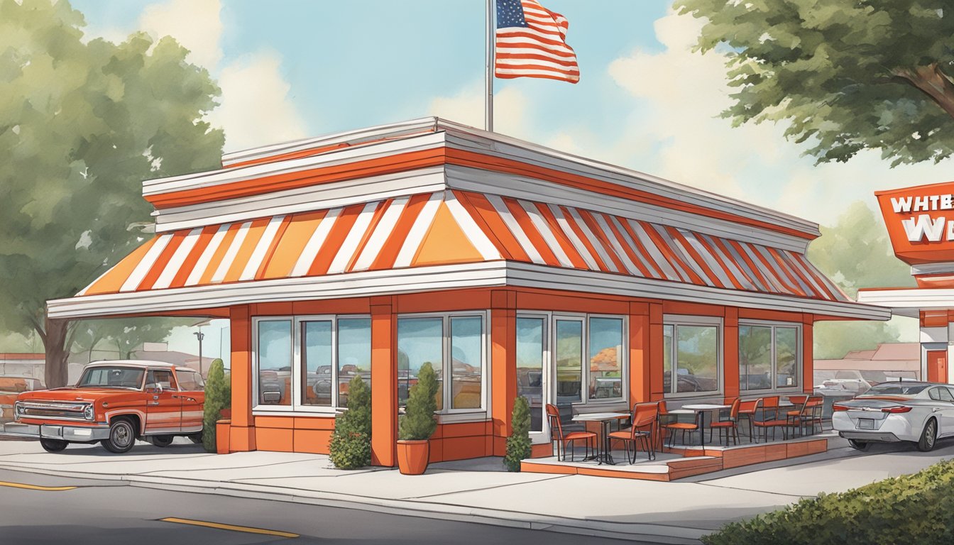 A bustling Whataburger restaurant in Lawrence, Kansas, with a classic red and white striped building, drive-thru, and outdoor seating area