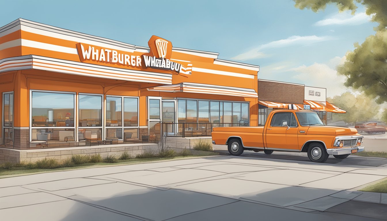 A bustling Whataburger location in Lawrence, KS, with a drive-thru, outdoor seating, and iconic orange and white striped building