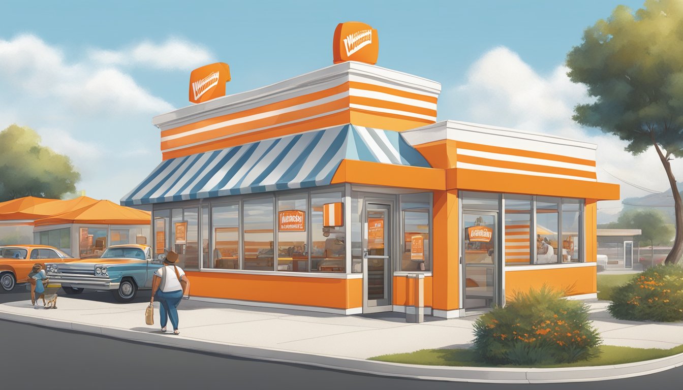 A bustling Whataburger restaurant with a colorful menu board and the iconic orange and white striped mascot standing proudly outside