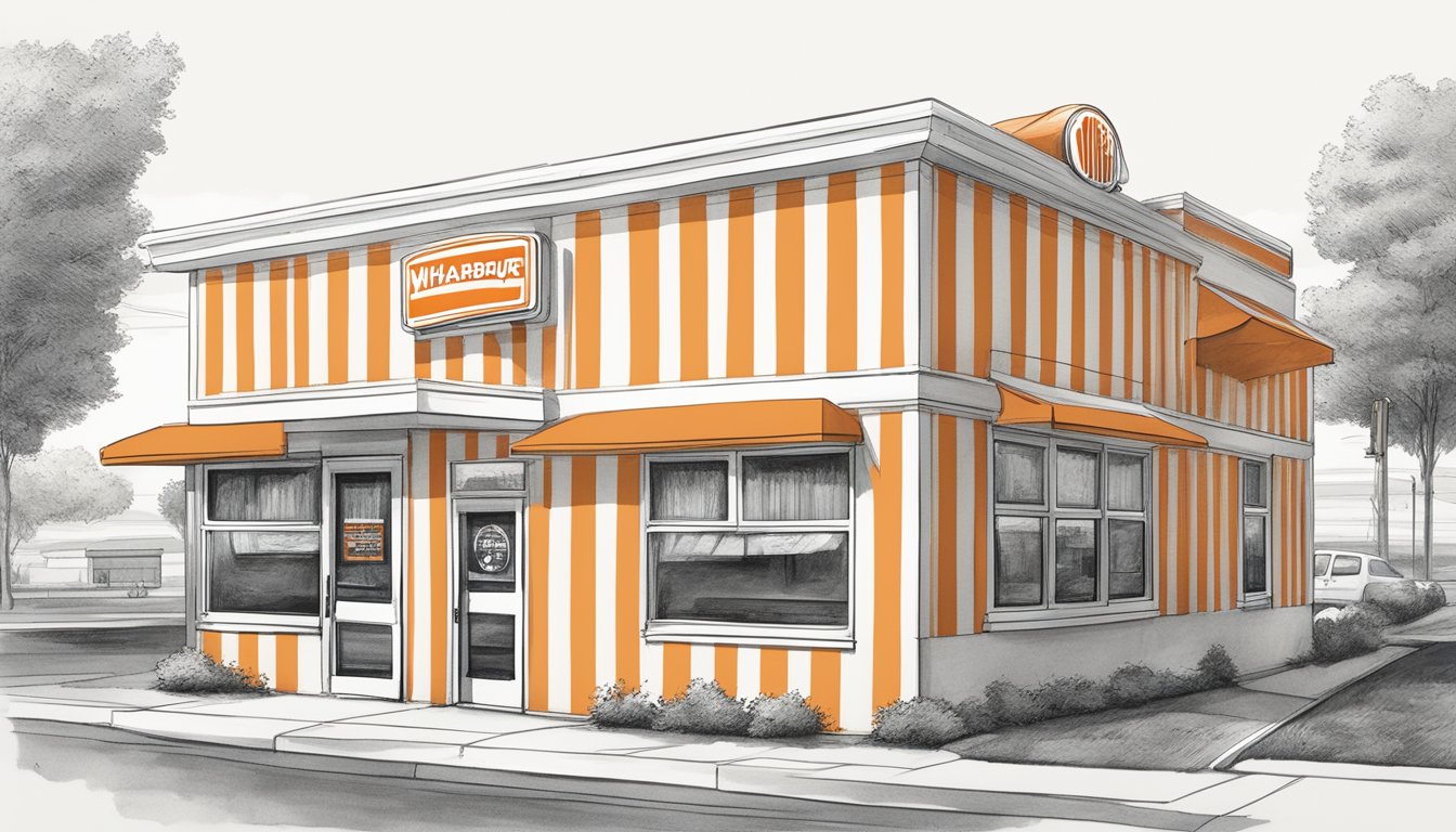 The iconic orange and white striped building of Whataburger in Lawrence, Kansas, with a menu board displaying specific offerings for the location