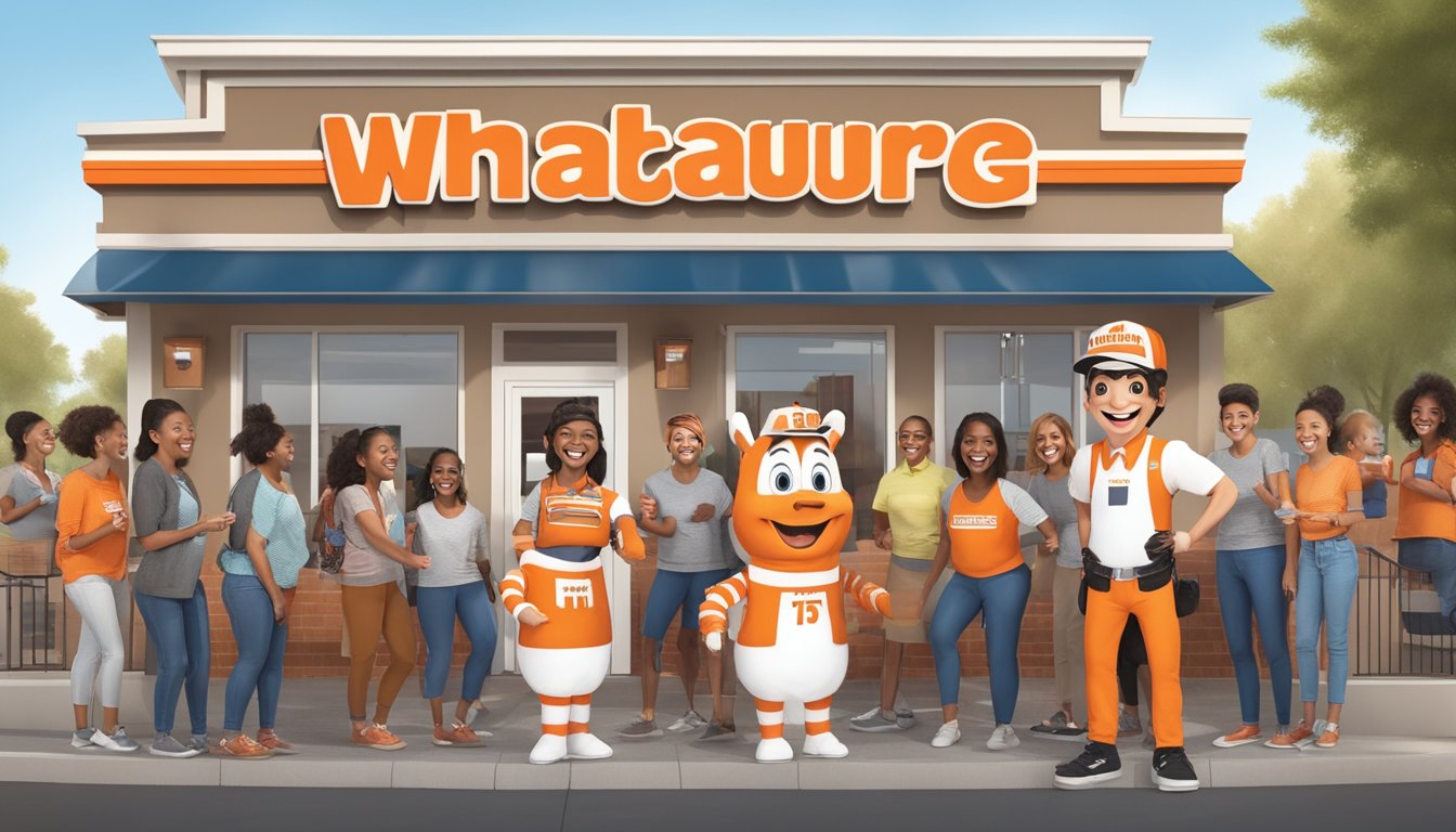 The Whataburger mascot interacts with a group of fans and customers, smiling and posing for photos in front of the restaurant