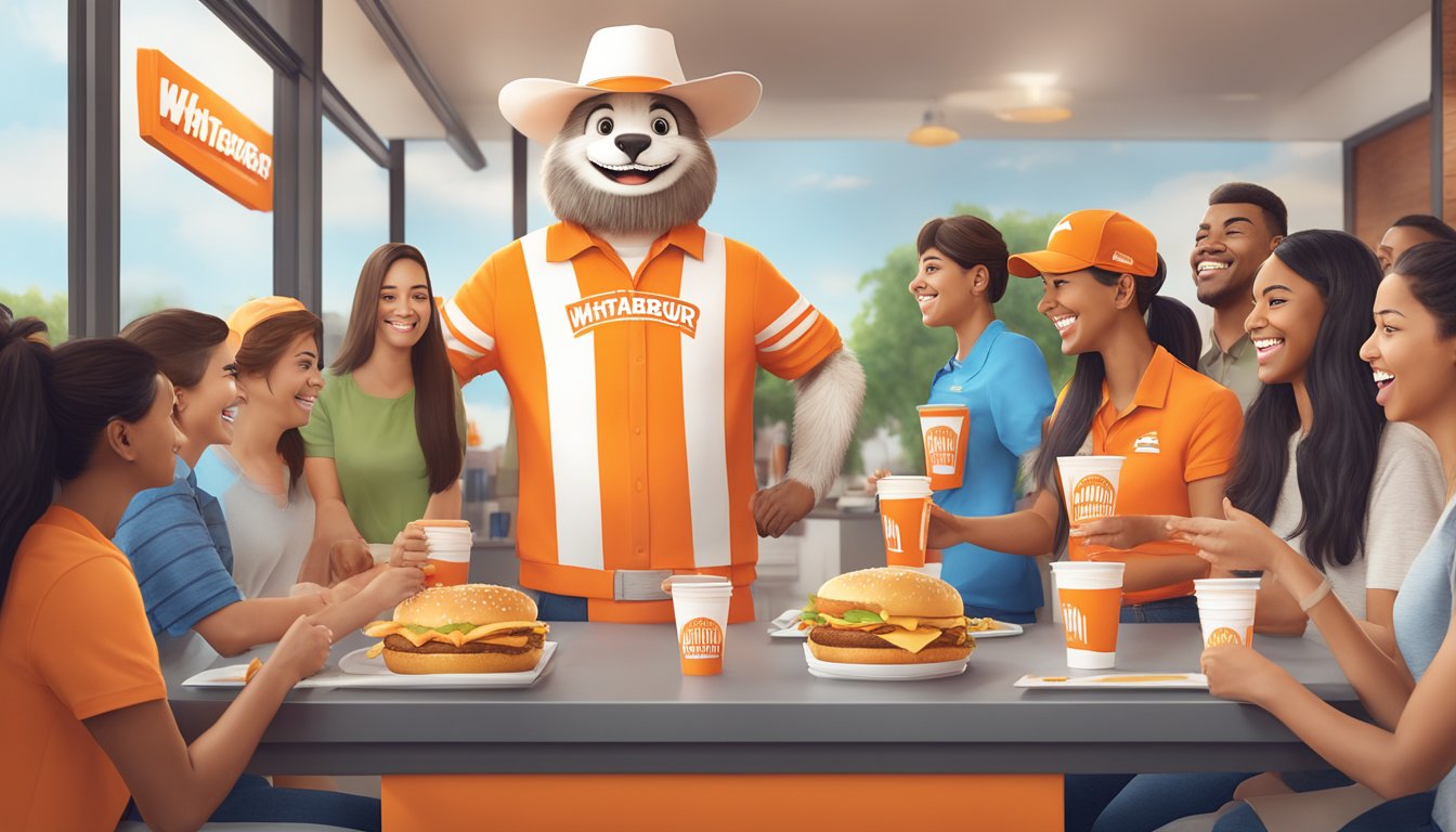 The Whataburger mascot engaging with customers at an interactive campaign event