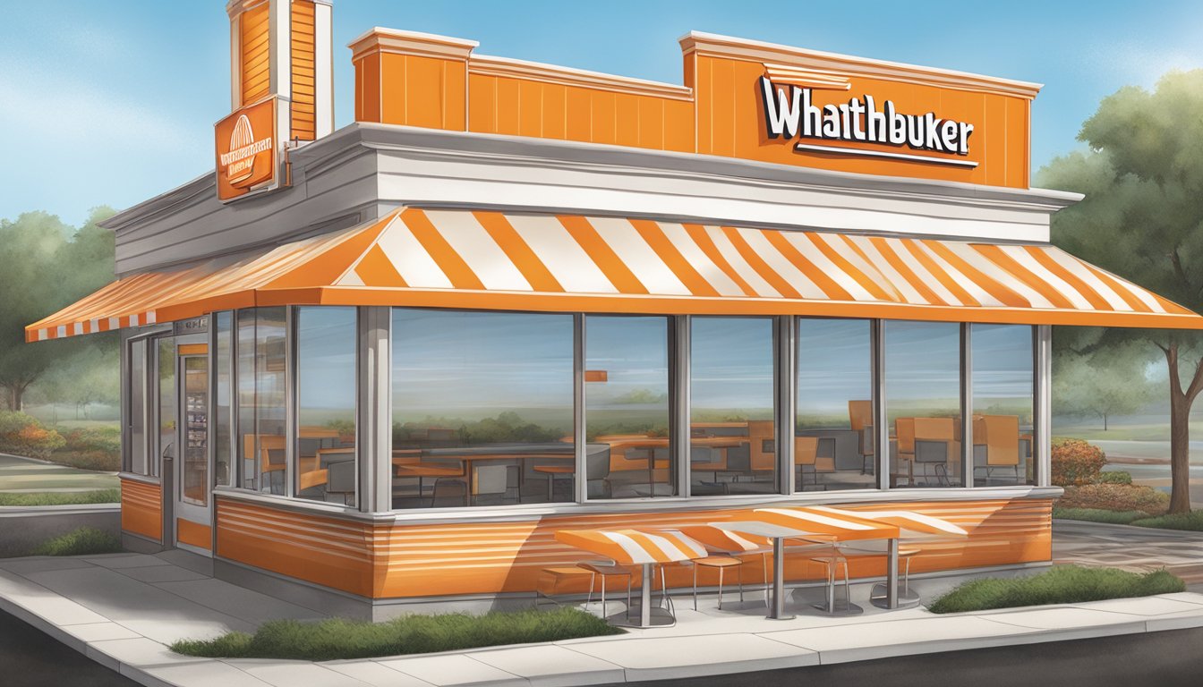 A classic Whataburger restaurant with iconic orange and white striped awnings and a large, illuminated menu board displaying the highlights of the Fayetteville location