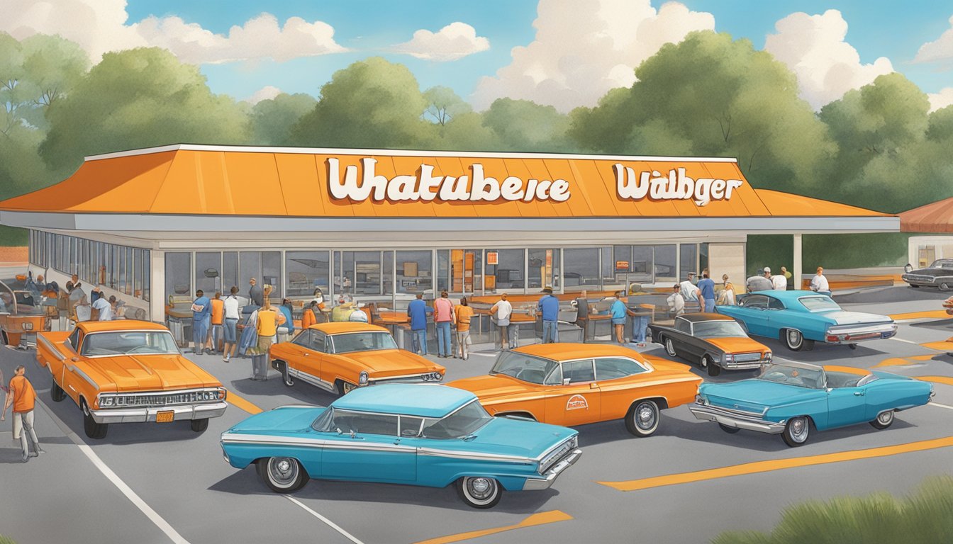 A bustling Whataburger restaurant in Lawrence, Kansas, with cars lined up at the drive-thru and customers dining inside