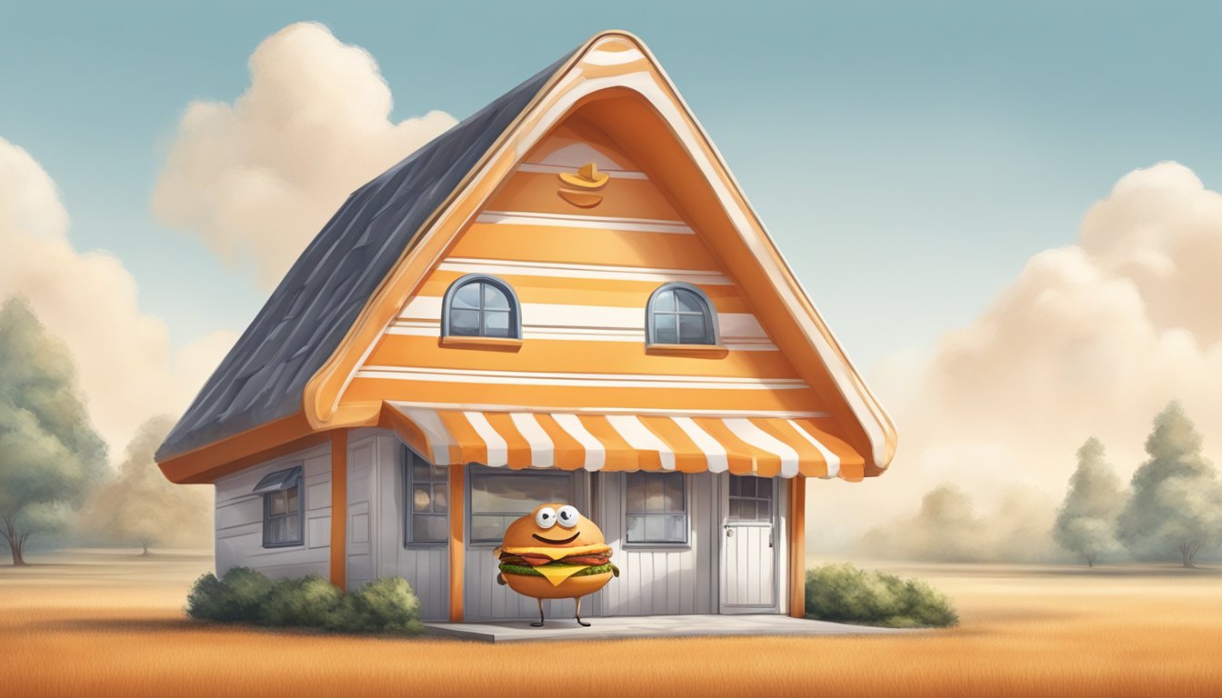 A smiling, anthropomorphic orange and white striped A-frame building with a large, friendly hamburger for a head, standing proudly with a confident stance