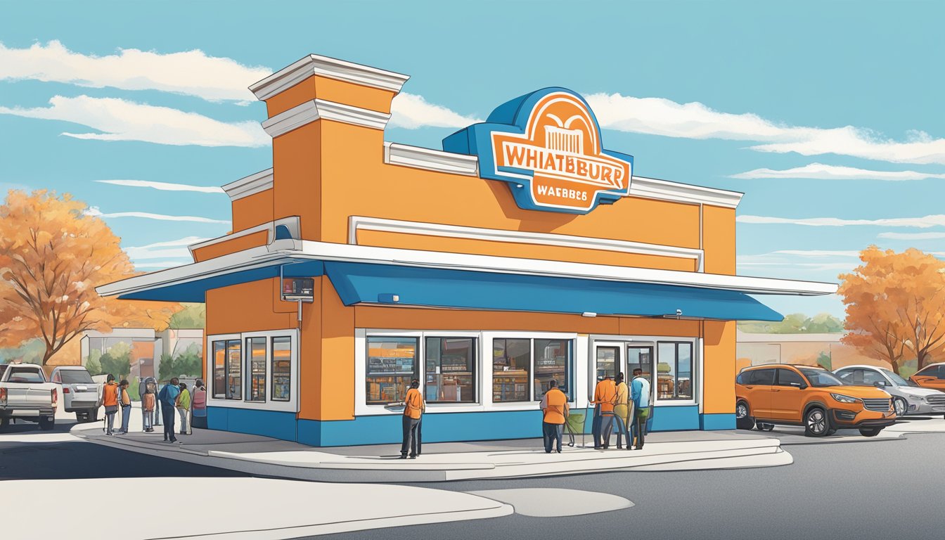 A bustling WhatABurger in Lawrence, KS, with a line of customers at the drive-thru and outdoor seating filled with people enjoying their meals. The iconic orange and white building stands out against the blue sky