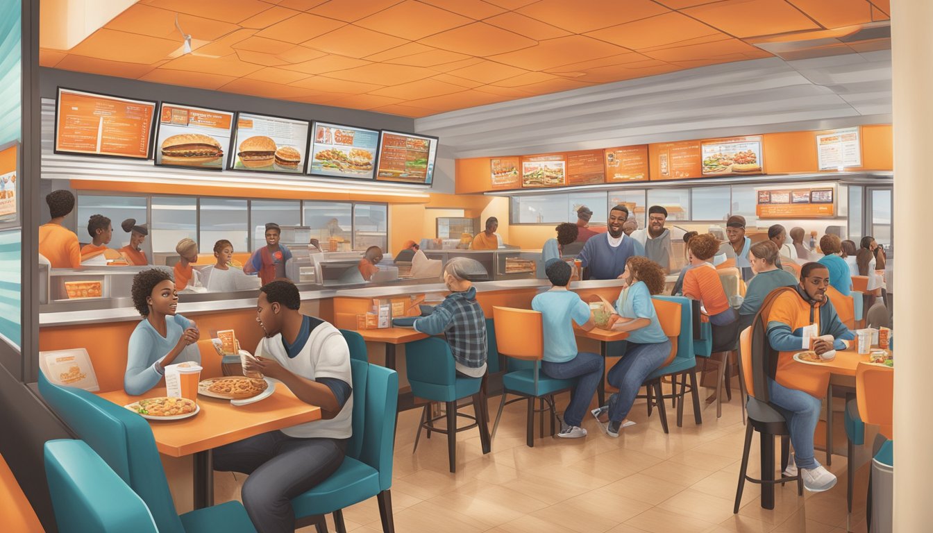 Customers dining and ordering at a Whataburger in Fayetteville, with a bustling atmosphere and a variety of menu options