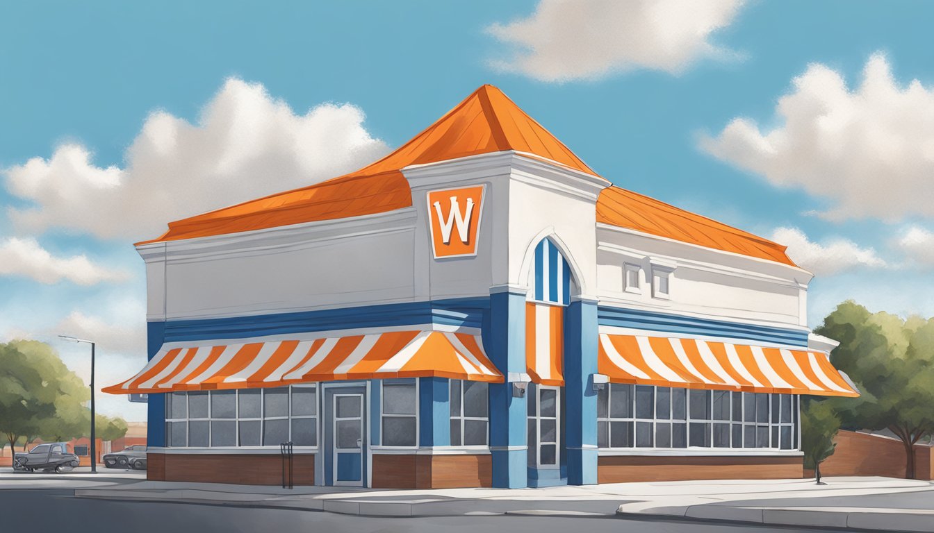 The iconic orange and white striped roof of a Whataburger restaurant stands out against a blue sky in downtown Fayetteville