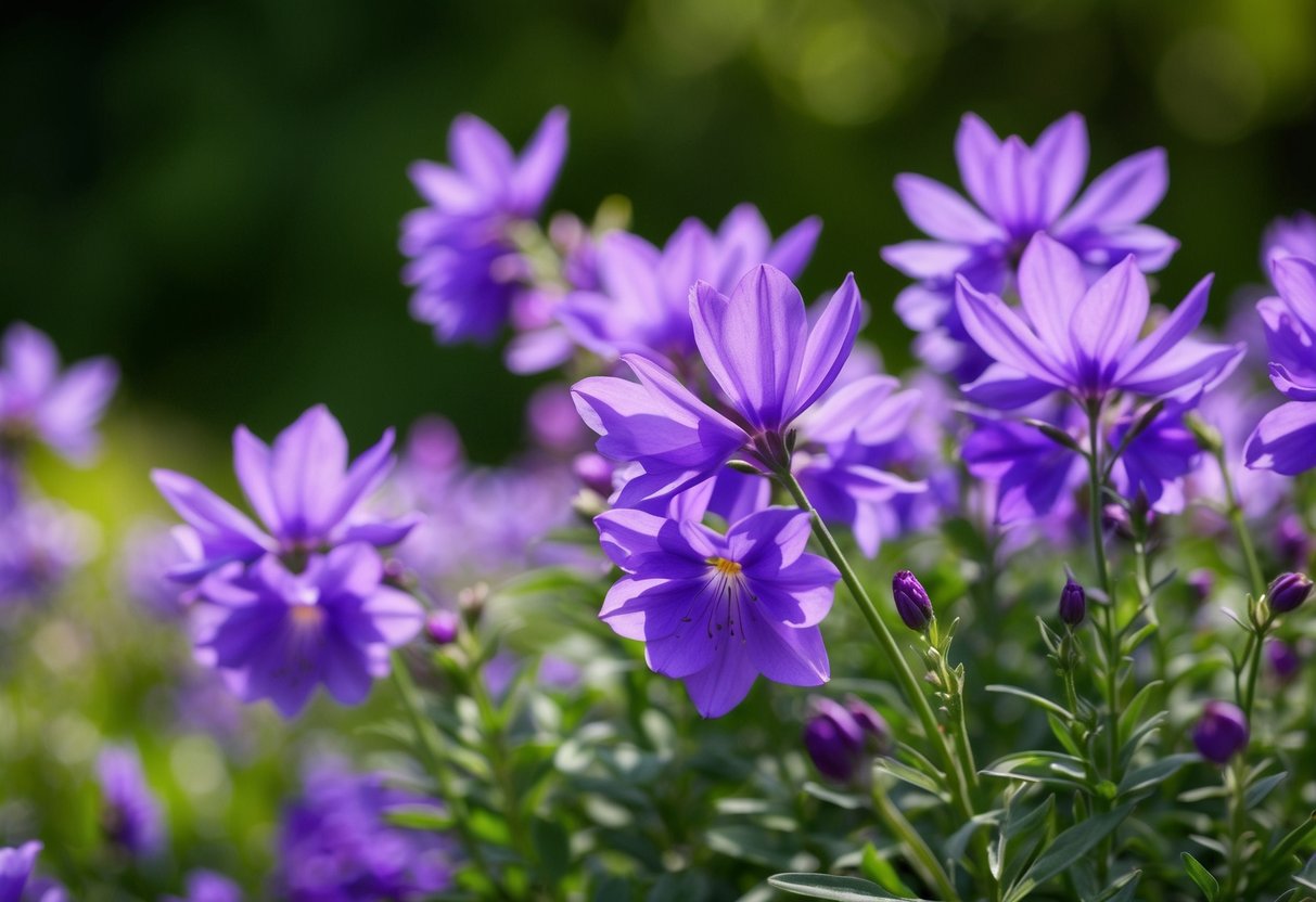 Vibrant purple flowers bloom in a lush garden, their delicate petals swaying in the gentle breeze