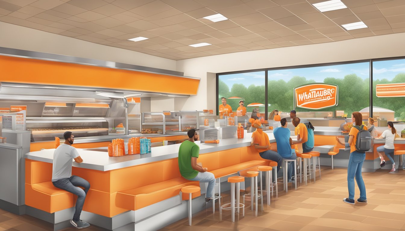 A bustling Whataburger restaurant in Fayetteville, with colorful promotional signs and happy customers enjoying their rewards